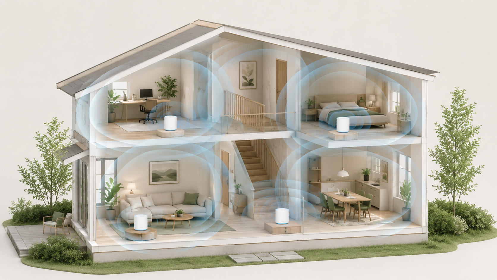 Illustration av ett tvåvåningshus med fyra mesh-wifi-noder och överlappande täckningsområden