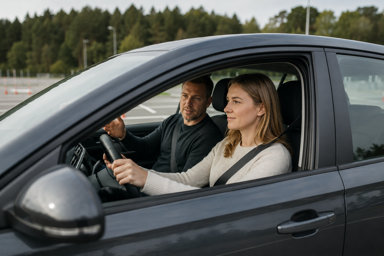 Elev övningskör bil tillsammans med en trafiklärare