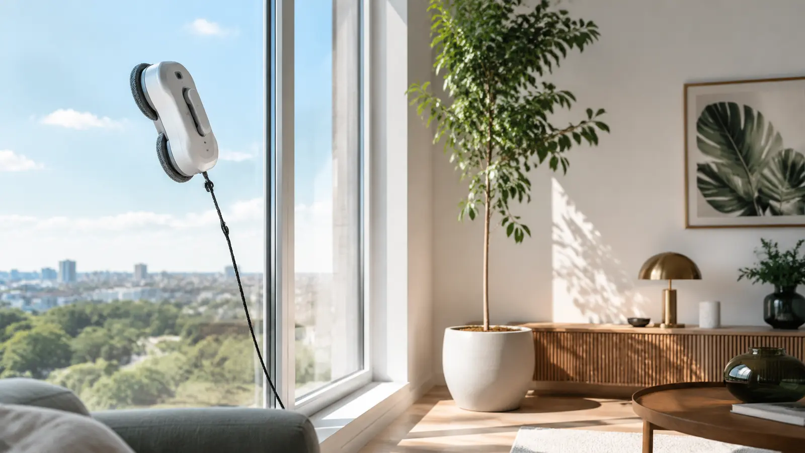 Fönsterputsrobot med säkerhetslina på ett stort fönster
