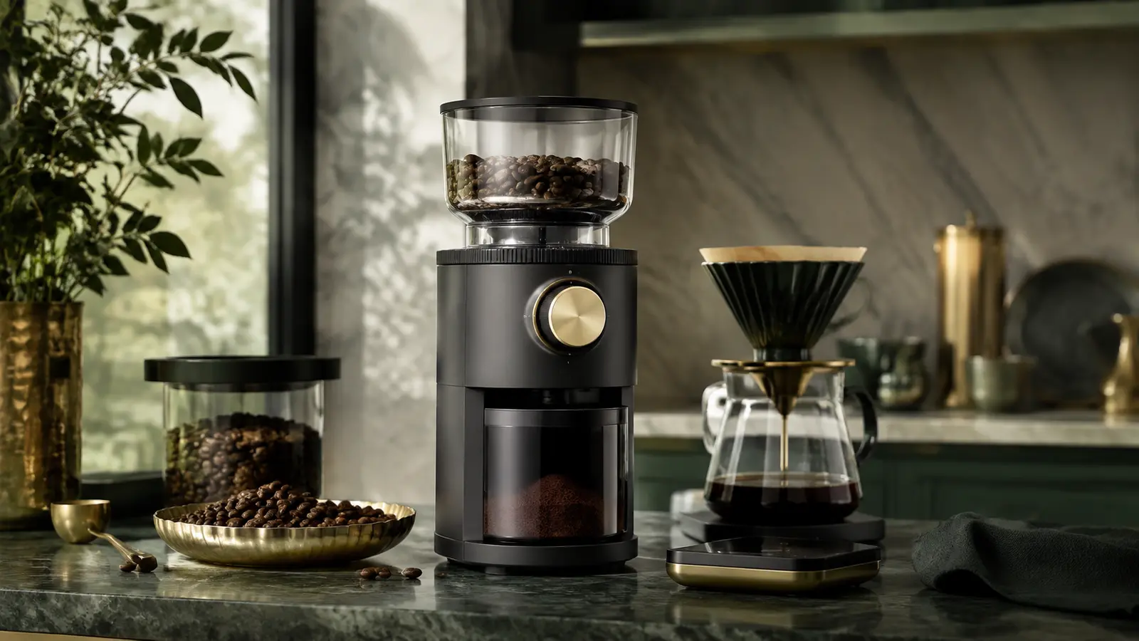 Elektrisk kaffekvarn bredvid kaffebönor och bryggutrustning
