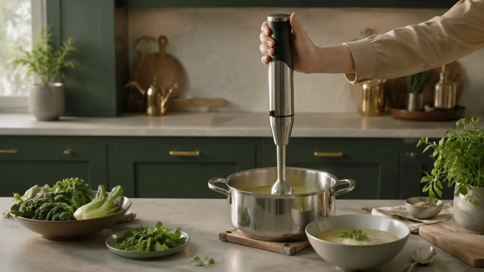 Stavmixer med tillbehör på en köksbänk
