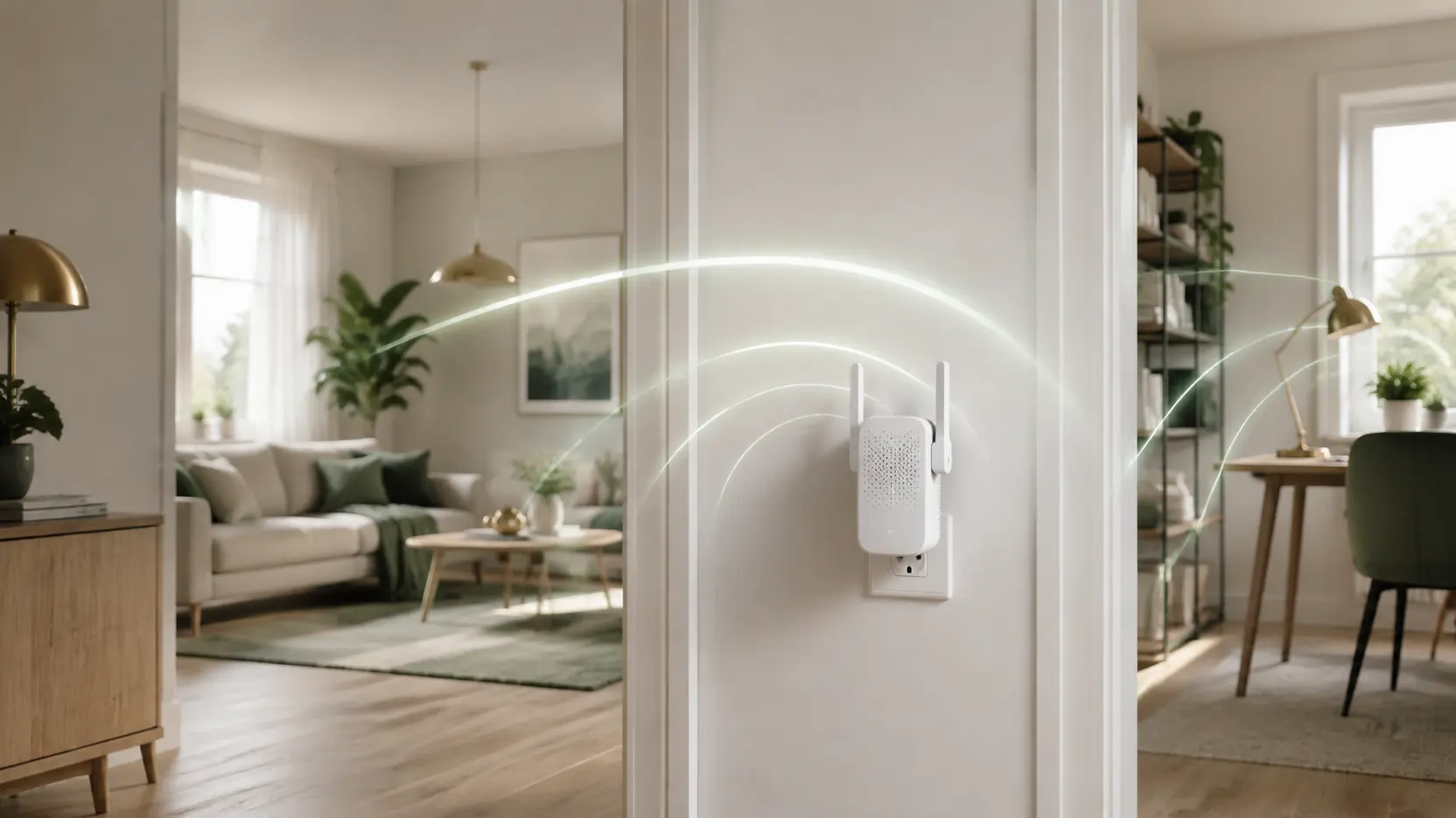 Wi-Fi-förstärkare i ett vägguttag mellan vardagsrum och hemmakontor i en villa.