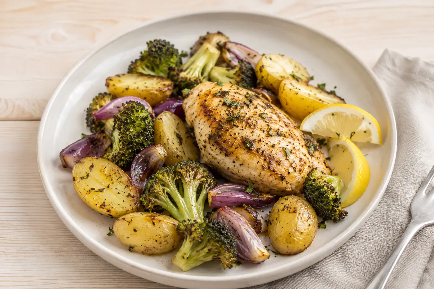 Citronkyckling med potatis, broccoli och morot på ugnsplåt