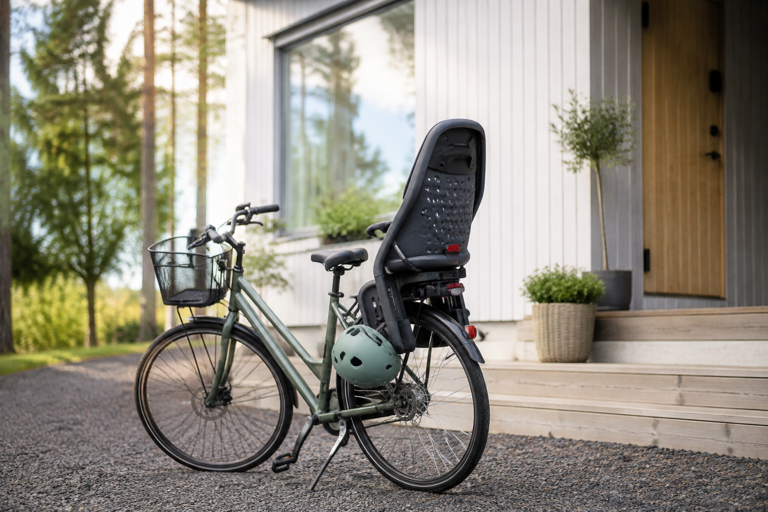 Barncykelsits och cykelhjälm vid familjecykel