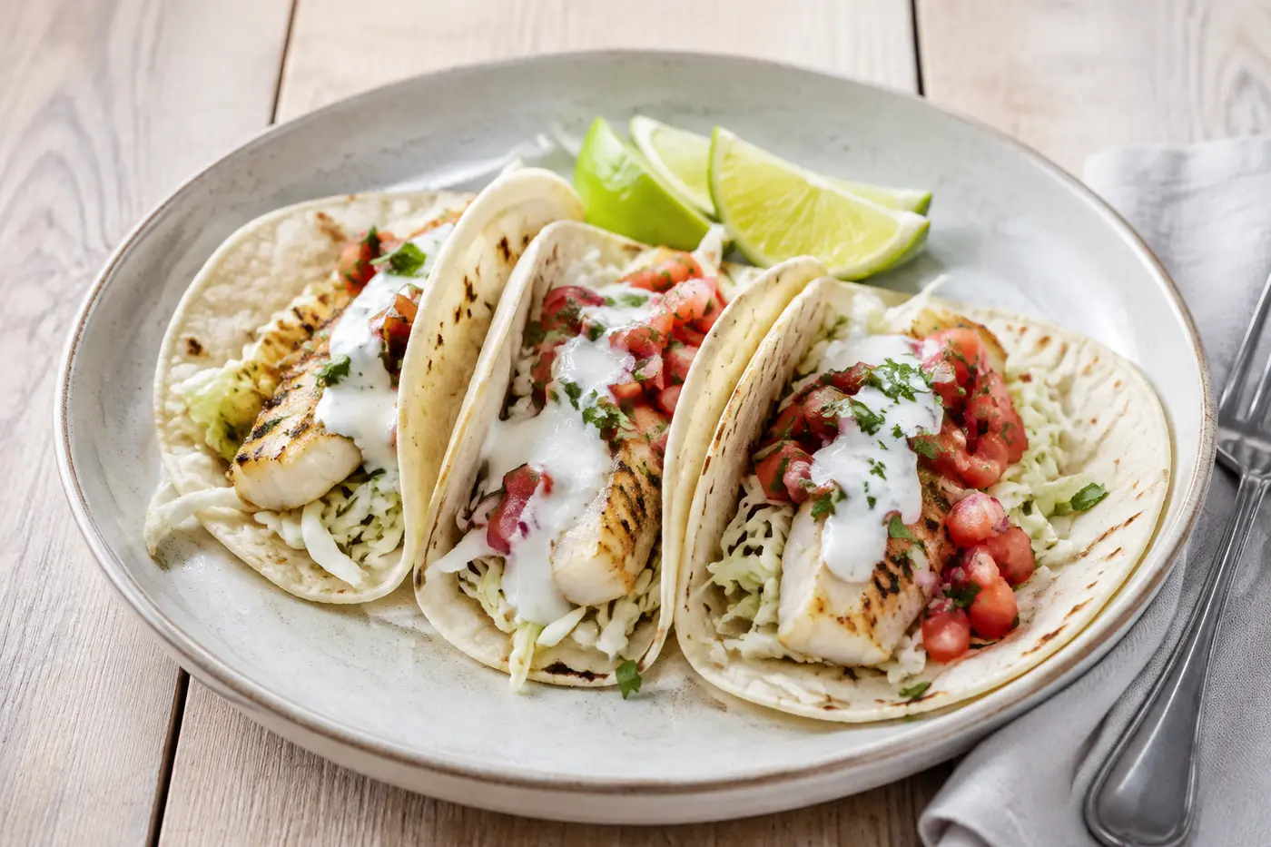 Fisktacos med kålslaw, salsa och lime