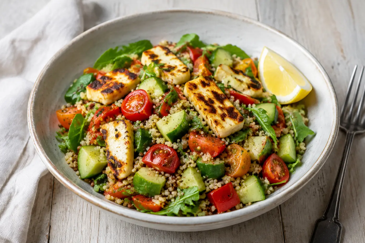 Quinoasallad med halloumi, tomat, gurka och örter