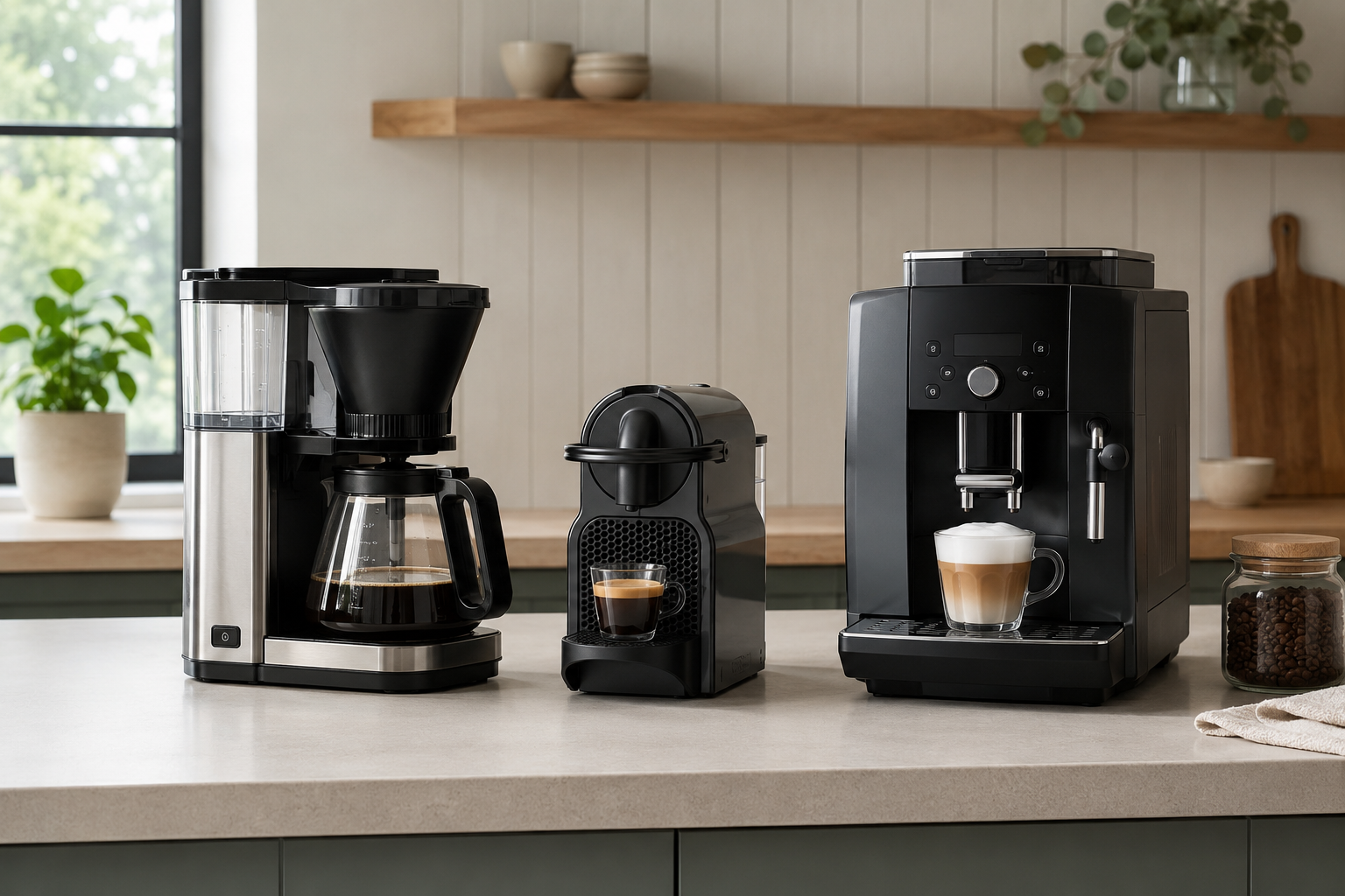 Tre typer av kaffebryggare jämförs på köksbänk