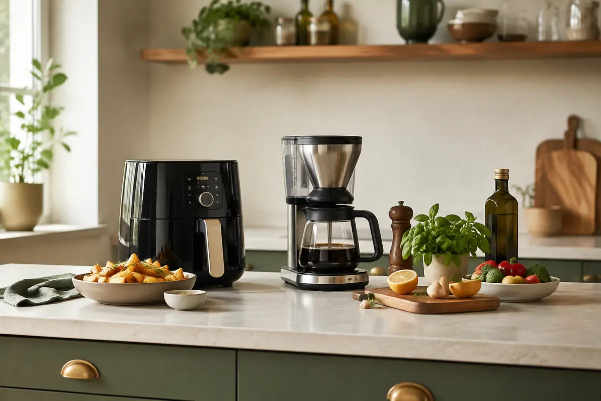 Airfryer och kaffebryggare i ett ljust skandinaviskt kök