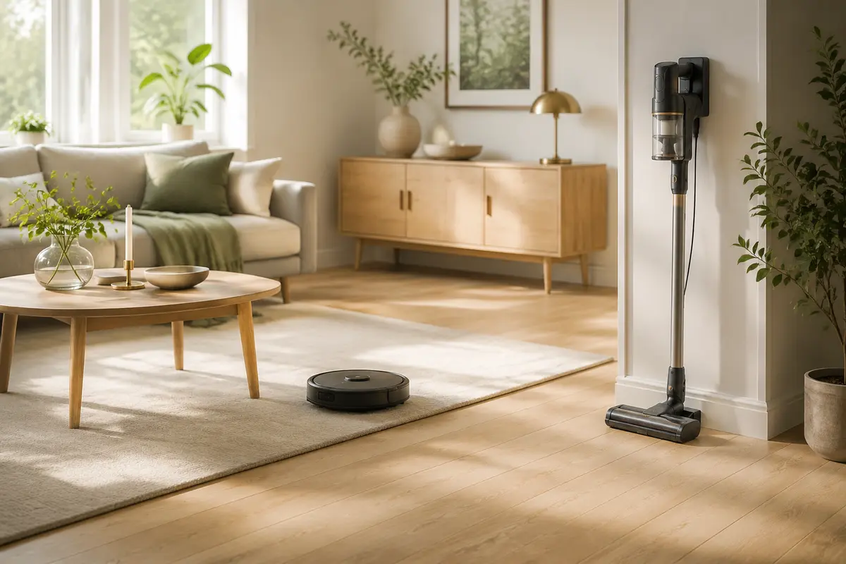 Robotdammsugare och skaftdammsugare i ett ljust vardagsrum