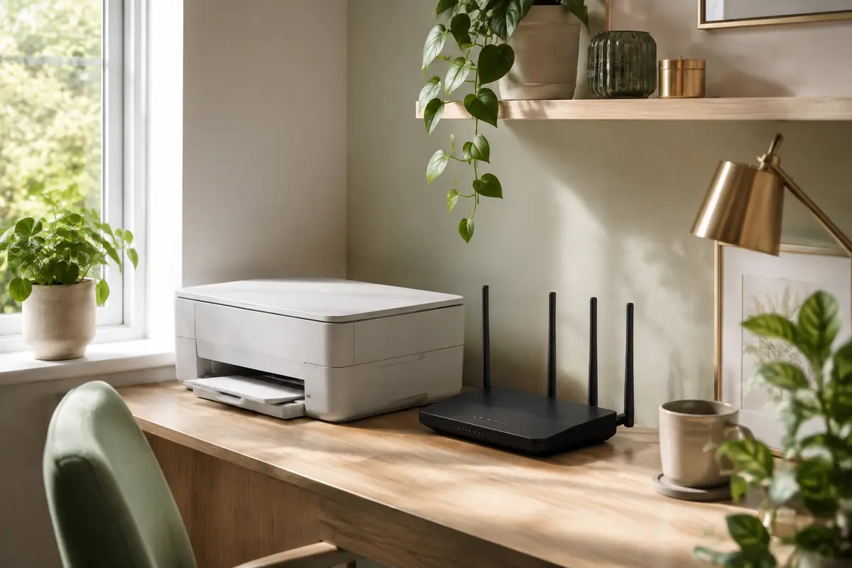 Skrivare och router på ett skandinaviskt hemmakontor