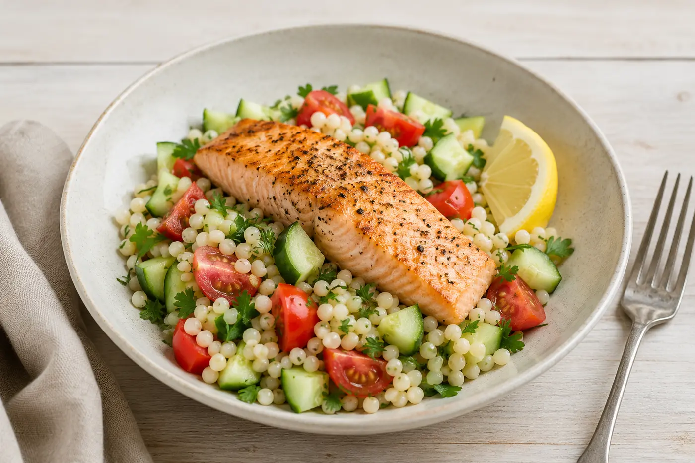 Ugnsbakad lax med couscous, gurka och tomat