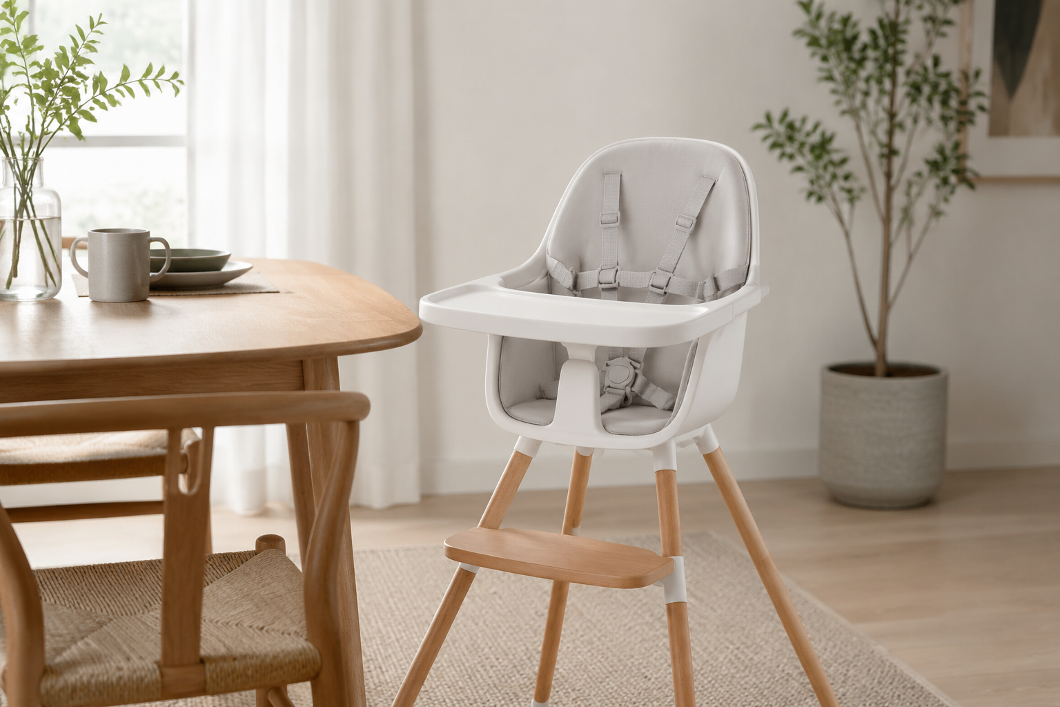 Stabil barnmatstol med sele vid matbord