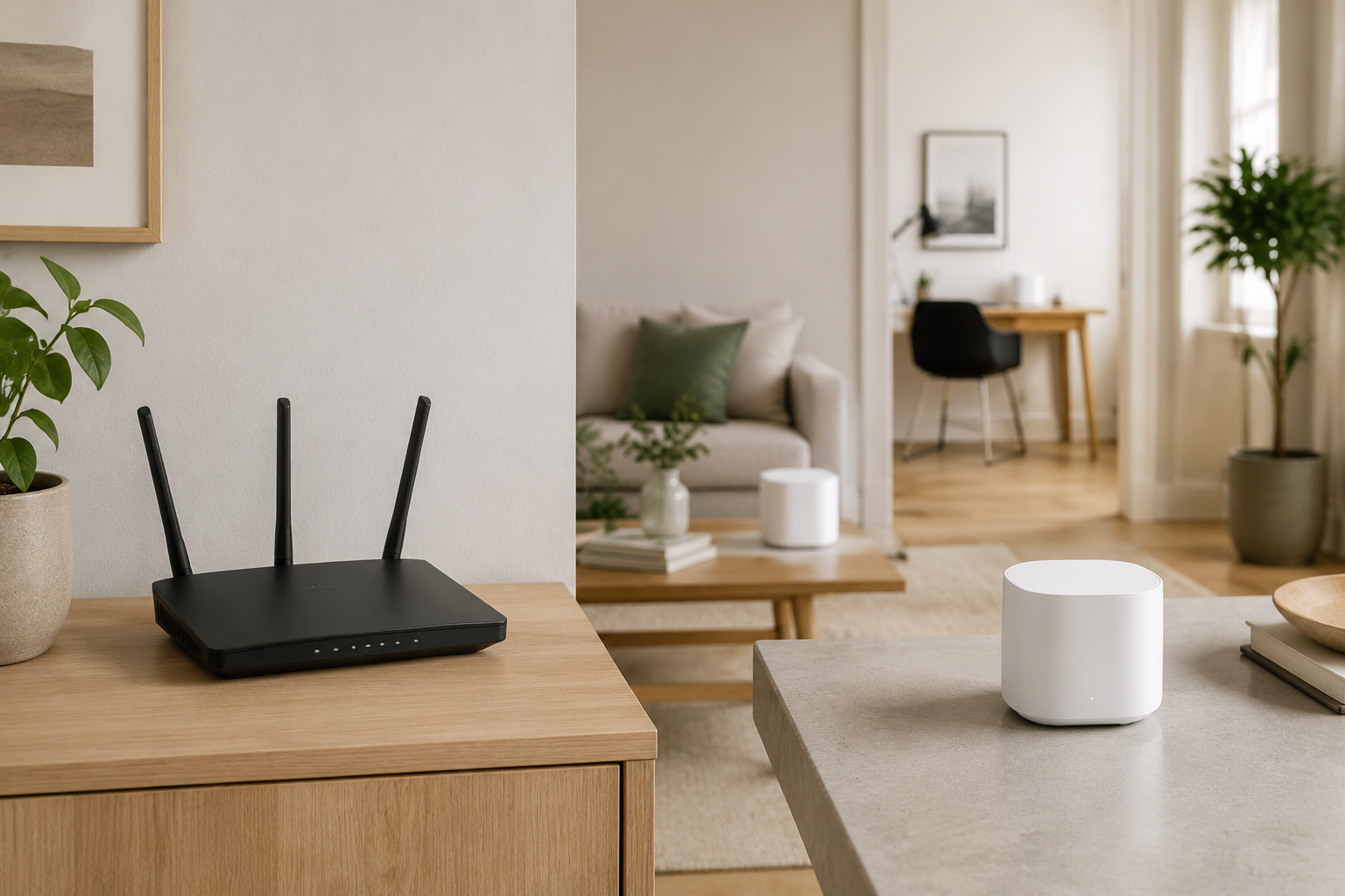 Vanlig router jämförs med ett mesh-system i hemmet