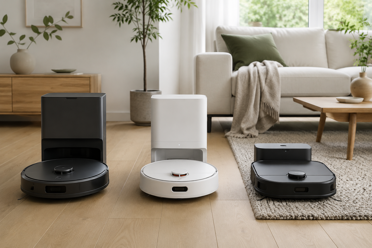 Tre robotdammsugare jämförs i ett vardagsrum