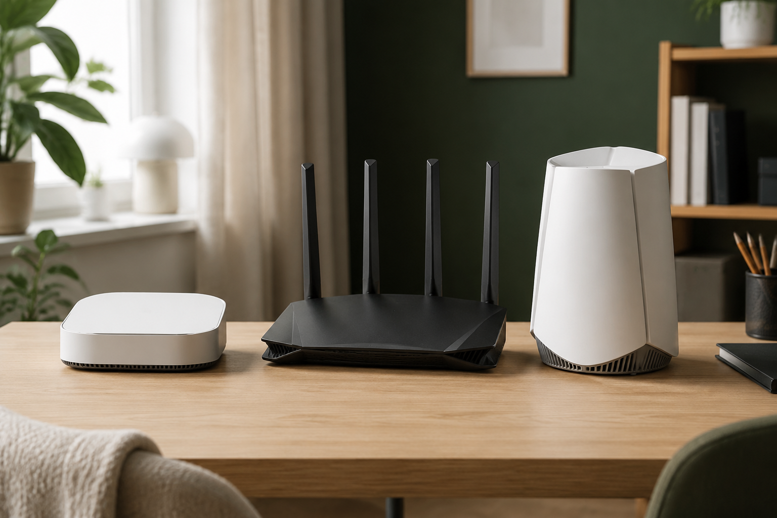 Tre Wi-Fi 7-routrar jämförs på ett hemmakontor