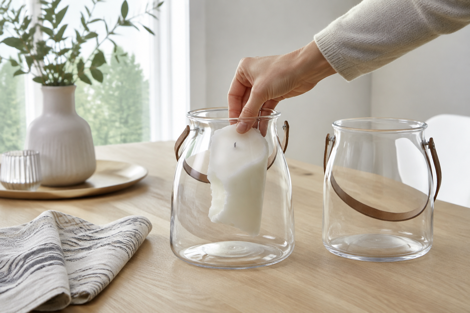 Stearin lyfts försiktigt ur en ljuslykta av glas