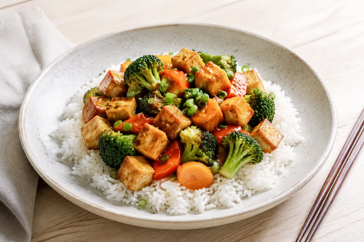Tofuwok med broccoli, paprika och ris