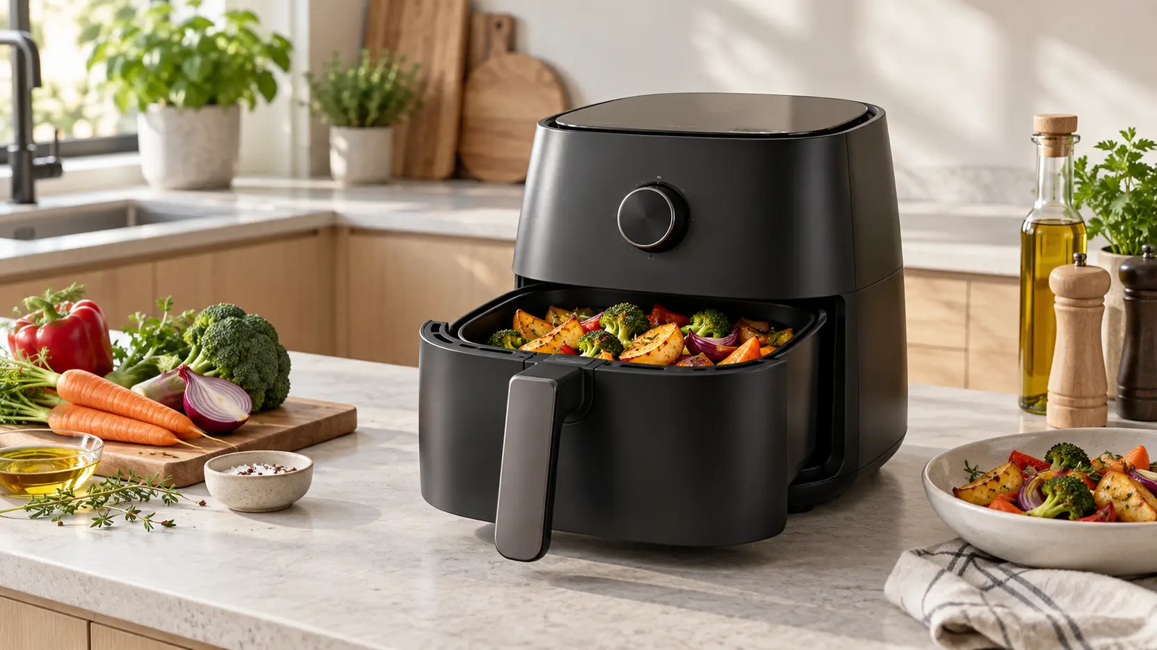 Svart airfryer med korg fylld av rostade grönsaker i ljust kök