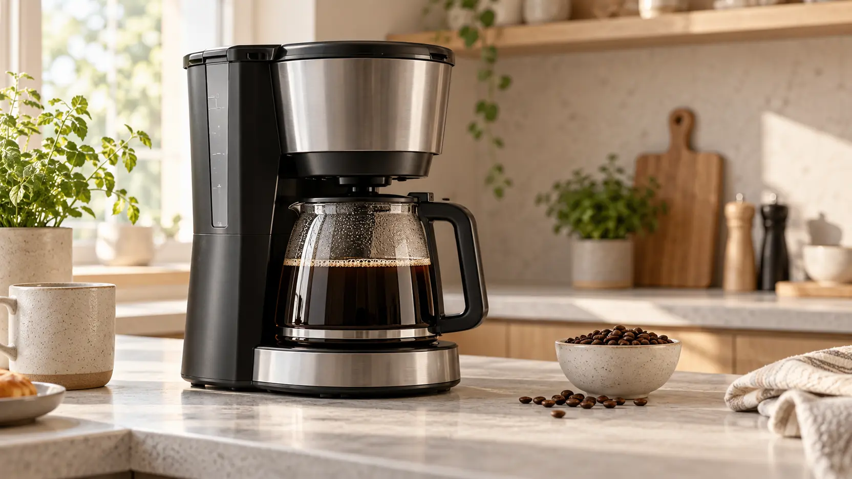 Svart kaffebryggare med glaskanna på ljus köksbänk