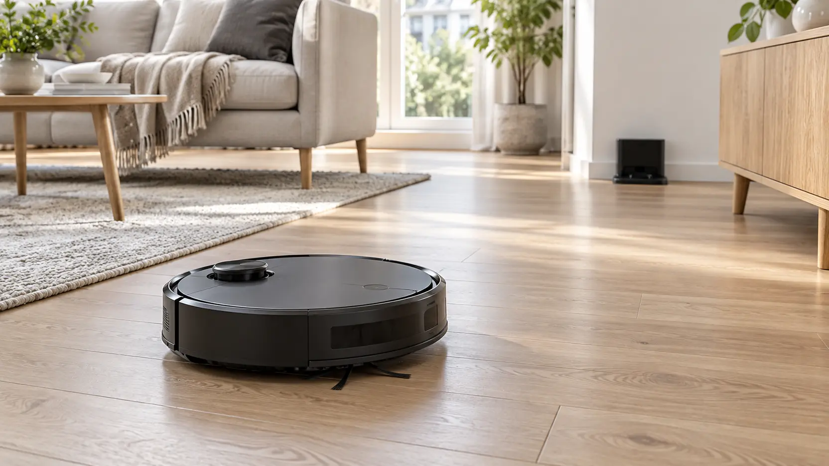 Svart robotdammsugare på trägolv i ljust vardagsrum
