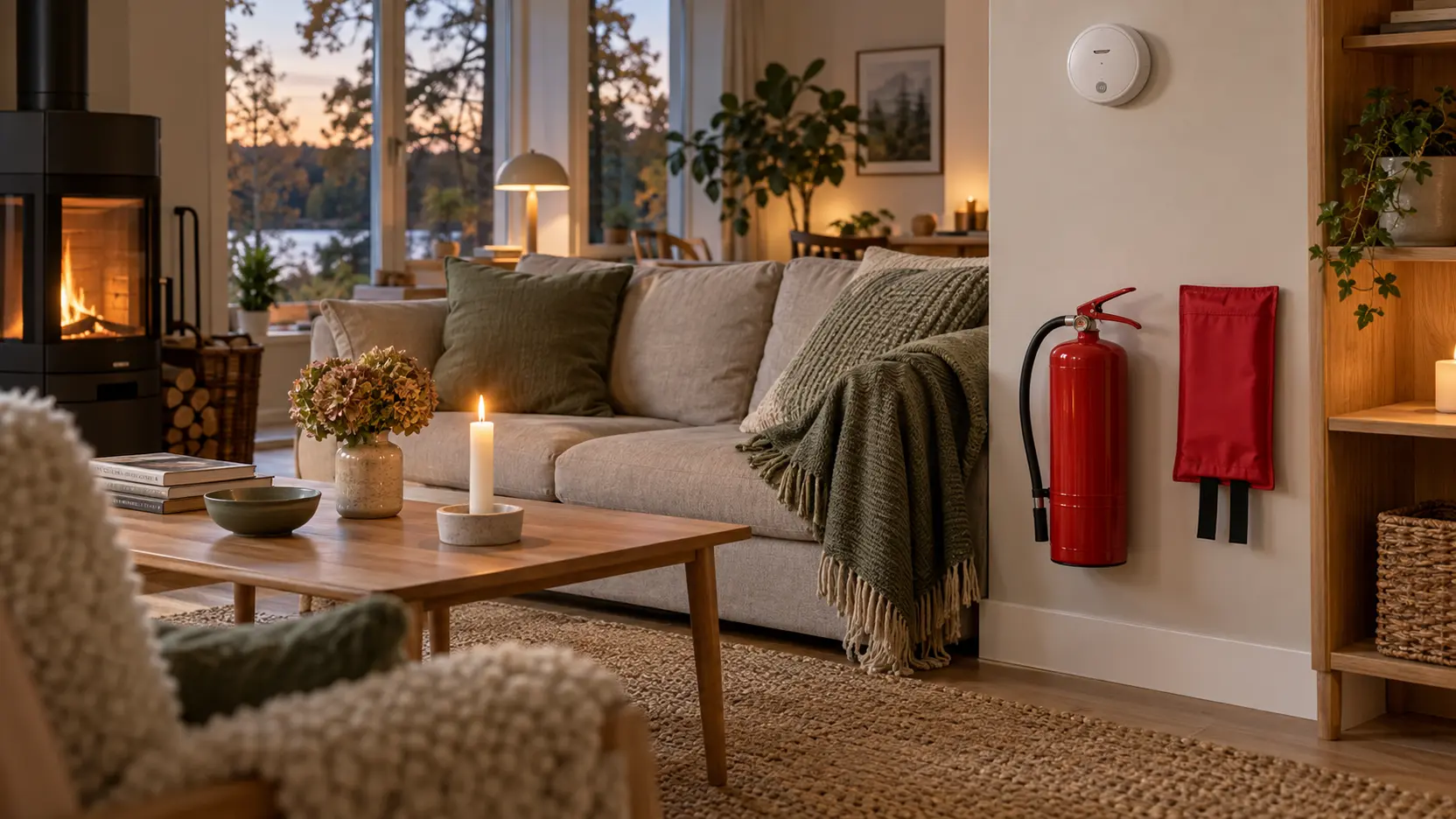 Vardagsrum med brandvarnare, brandsläckare och brandfilt placerade synligt inför hösten.