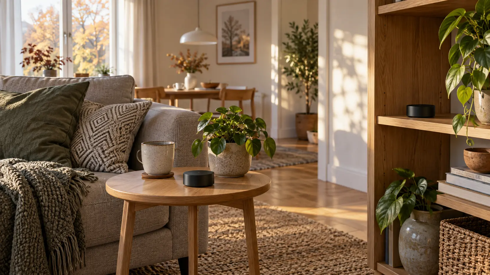 Två små radondosor placerade på bord och hylla i ett vardagsrum.
