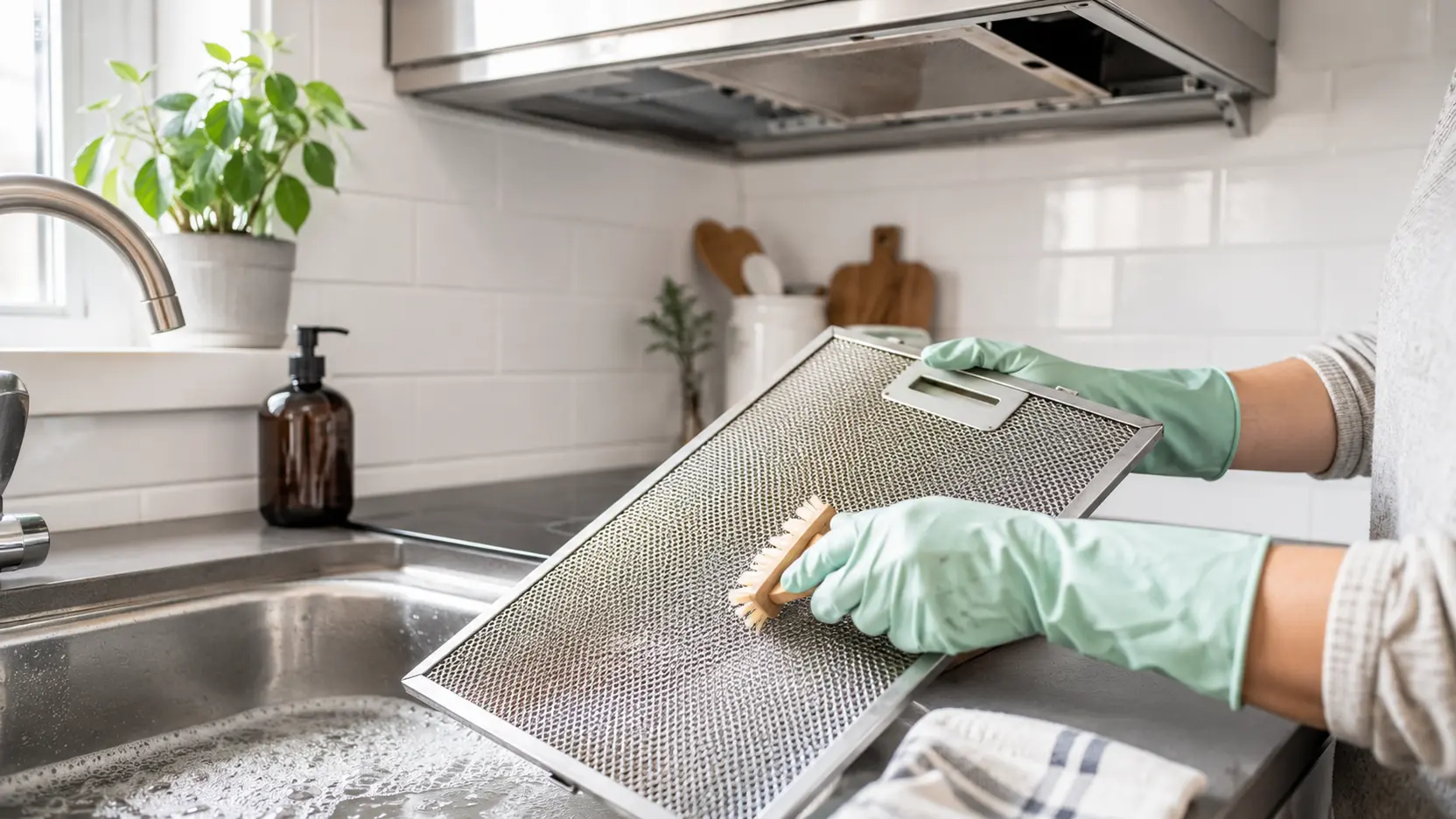 Metallfilter från en köksfläkt rengörs med diskborste vid diskhon.