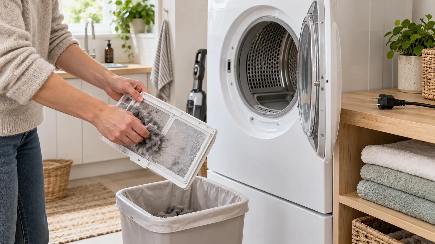 En person rengör luddfiltret framför en öppen torktumlare i en ljus och välordnad tvättstuga.