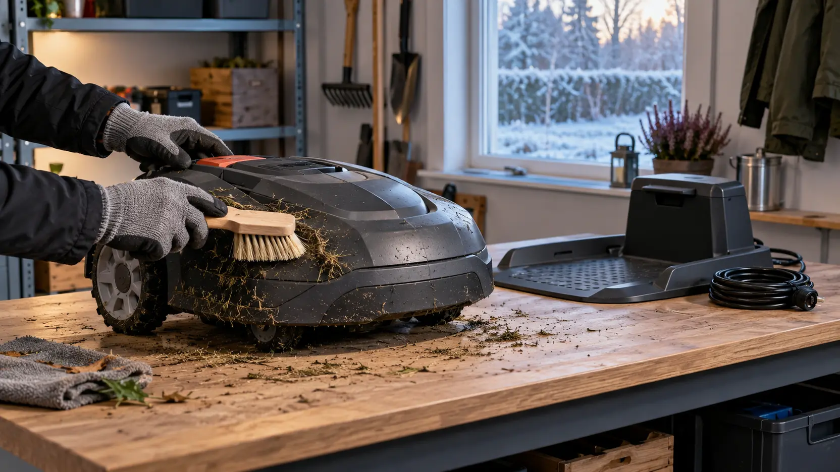 Avstängd robotgräsklippare rengörs torrt med mjuk borste inför vinterförvaring.