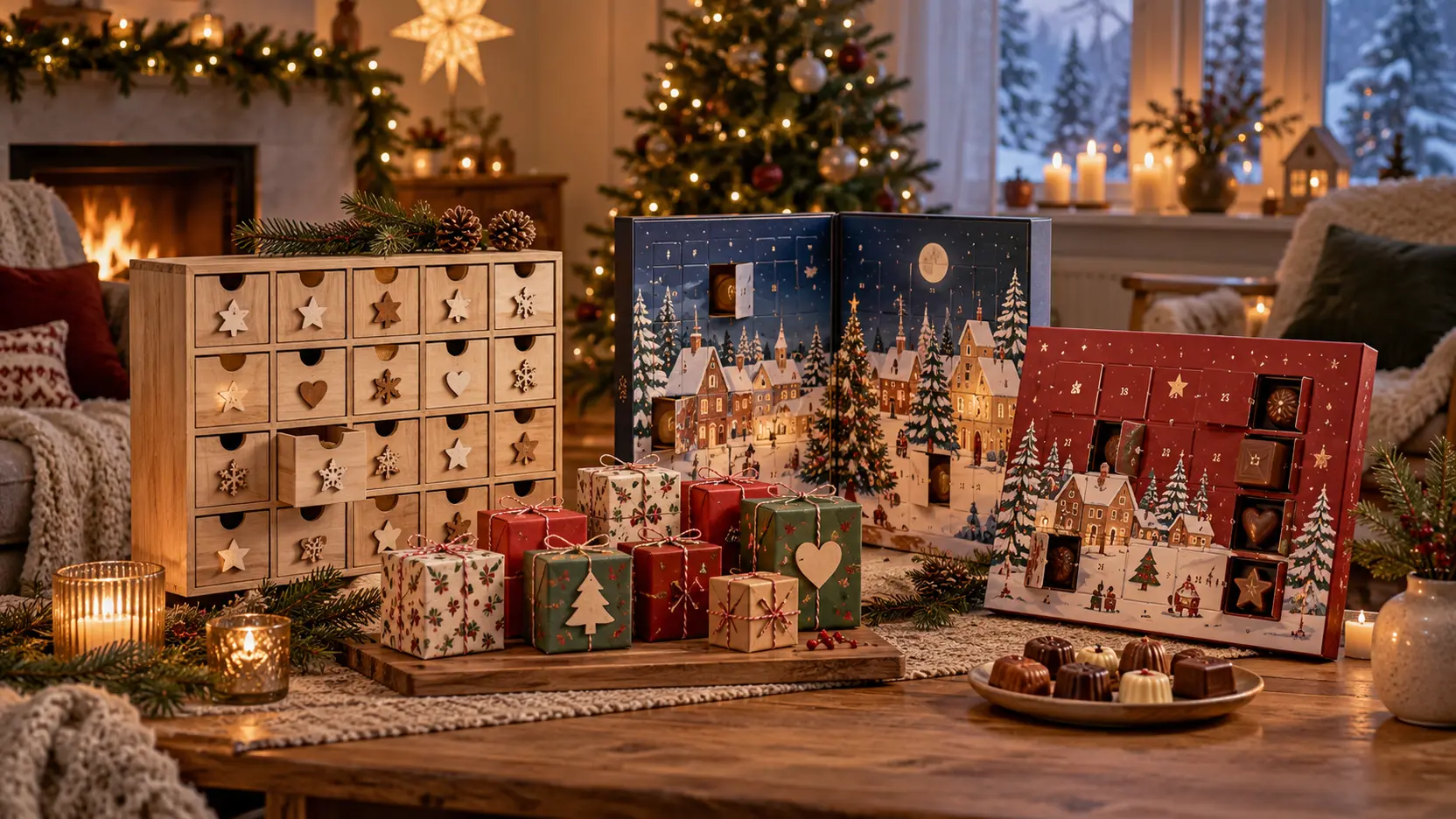 Ett urval adventskalendrar i ett varmt julpyntat vardagsrum